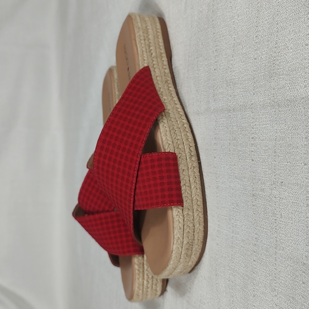 Lucky Brand Gayte Red Plaid Chunky Platform Fabric Upper Sandal Womens Size 7.5M - Picture 2 of 7